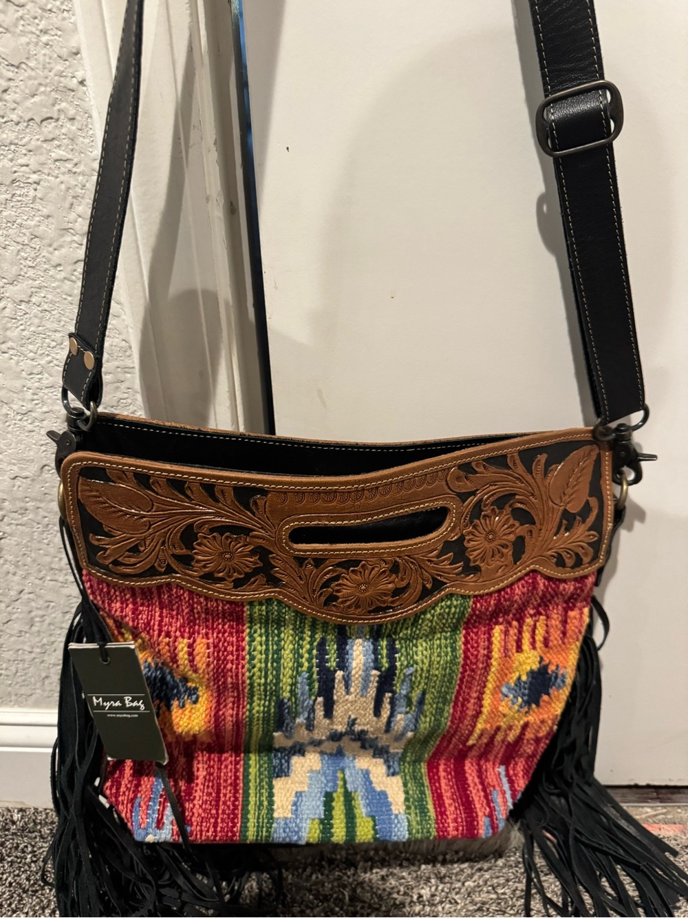 Myra Bag Multicolor Woven Crossbody with Brown Tooled Trim and Black Strap